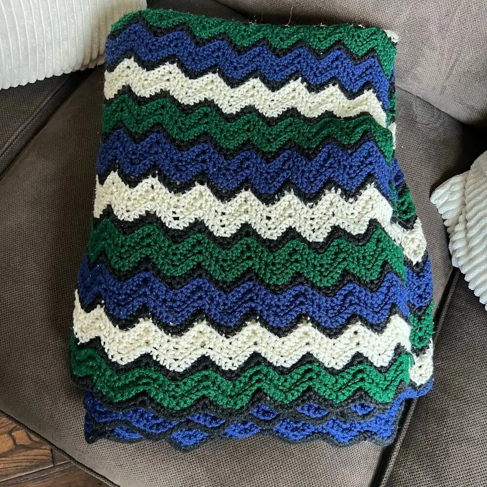 Handmade Crochet Blue Green Zig Zag Afghan Blanket 76”x 95”